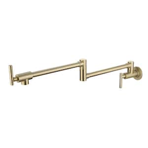Wall Mounted Pot Filler with Double Joint Swing Arms Brass 1 Hole Two Handle Folding Kitchen Sink Faucet in Brushed Gold