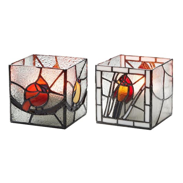 Cardinal (Set of 2) Multi-Colored Bird Stained Glass Candle Holders