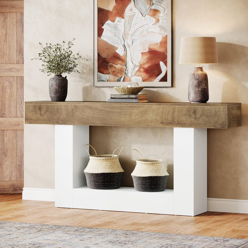BYBLIGHT Turrella 63 in. Light Brown & White Rectangle Wood Console ...