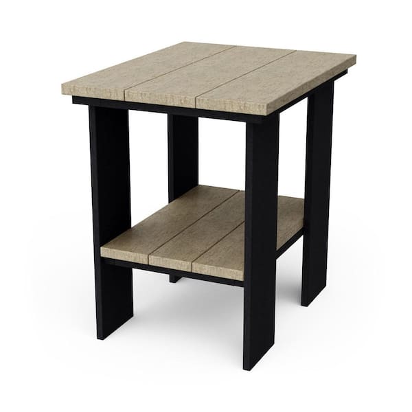 Contemporary Weathered Wood and Black HDPE Plastic Outdoor Side Table