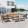 Outdoor patio set in a lush outdoor setting near water.