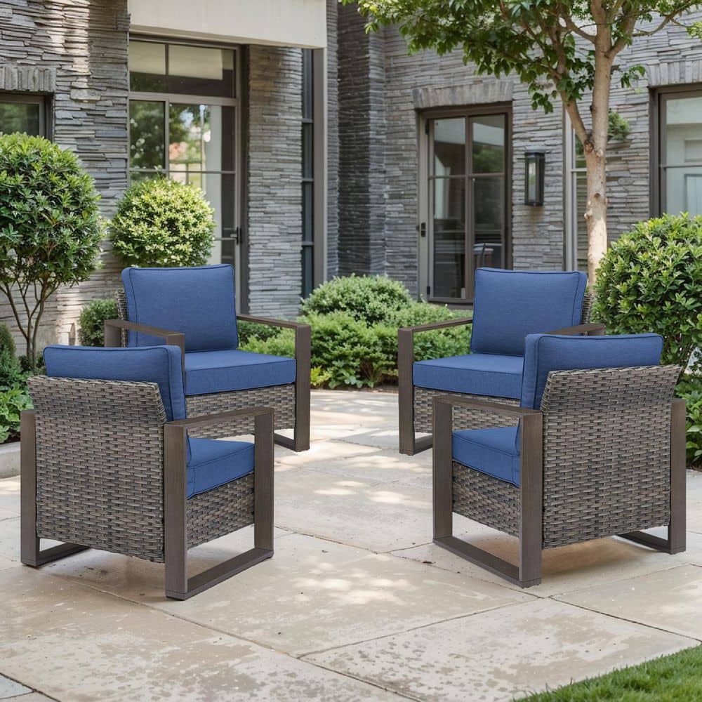 Cube Edge Porch Gray Wicker Outdoor Lounge Chair with Olefin Blue Cushions and 4 in. Wide Armrest (4-Piece) price history on PriceWatchPro