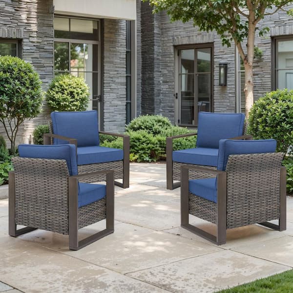 Cube Edge Porch Gray Wicker Outdoor Lounge Chair with Olefin Blue Cushions and 4 in. Wide Armrest (4-Piece)