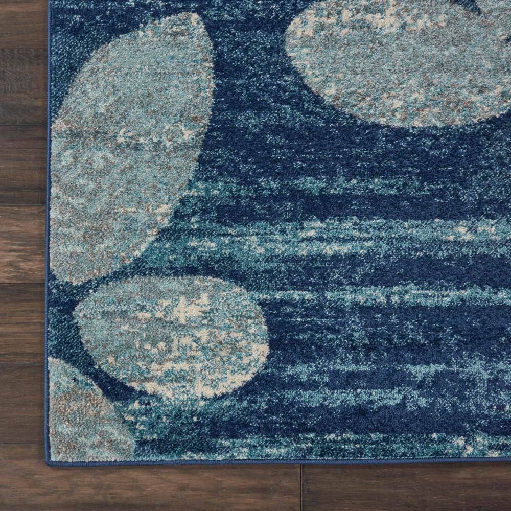 Navy and Light Blue Floral Synthetic Runner Rug