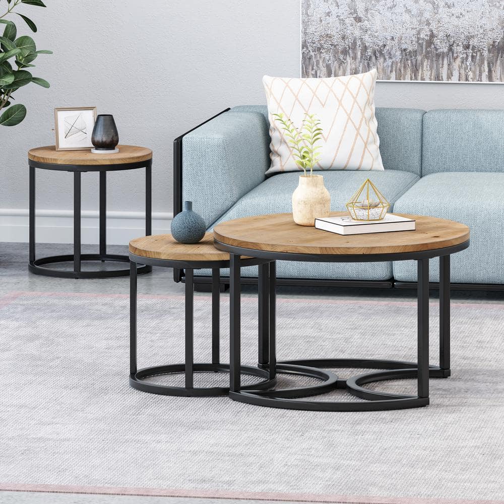 Antique Brown and Black Round Fir Wood and Metal Nesting Coffee Tables Set