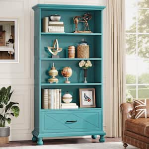 Eulas 71in. Tall Blue Wood 6-Shelf Bookcase with Drawer, Bookshelf Large Open Display Storage for Living Room
