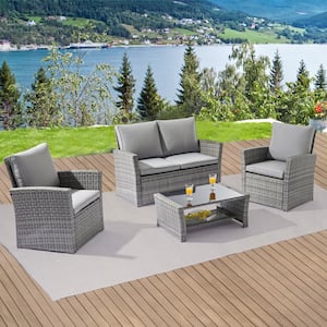 4-Pieces PE Rattan Wicker Outdoor Patio Conversation Sofa Sets, Patio Sofa Chair for Balcony, Deck and Yard in Grey