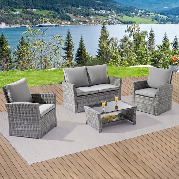 JOYESERY 4-Pieces PE Rattan Wicker Outdoor Patio Conversation Sofa Sets, Patio Sofa Chair for Balcony, Deck and Yard in Grey