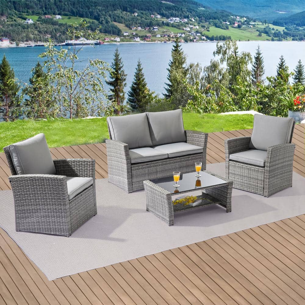 JOYESERY 4-Pieces PE Rattan Wicker Outdoor Patio Conversation Sofa Sets, Patio Sofa Chair for Balcony, Deck and Yard in Grey JOYESERY 4-Pieces PE Rattan Wicker Outdoor Patio Conversation Sofa Sets, Patio Sofa Chair for Balcony, Deck and Yard in Grey - 1