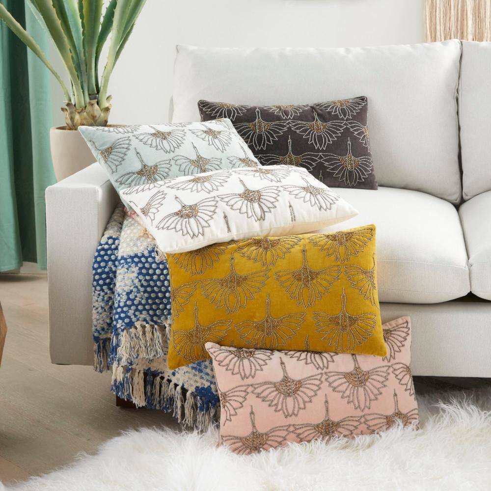 Gold Beaded Floral Cotton Lumbar Pillow 12" x 20"
