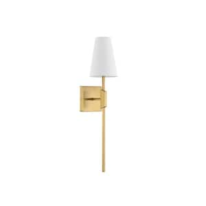 5 in. W x 24 in. H 1-Light Natural Brass Transitional Wall Sconce with White Linen Fabric Shade