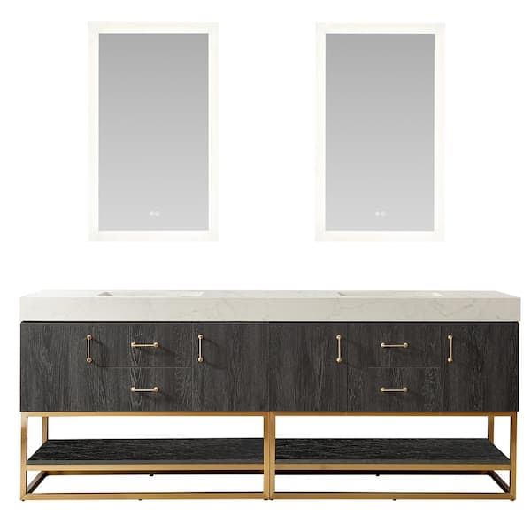 Alistair 84 in. W x 22 in. D x 33.9 in. H Double Sink Bath Vanity in North Black Oak w/ White Grain Stone Top and Mirror