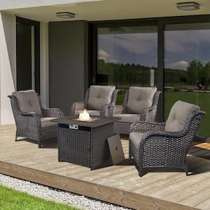 Carolina Brown 5-Piece Wicker Patio Fire Pit Seating Set with Gray Cushions