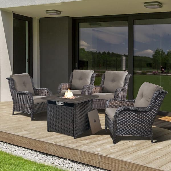 Gymojoy Carolina Brown 5-Piece Wicker Patio Fire Pit Seating Set with Gray Cushions