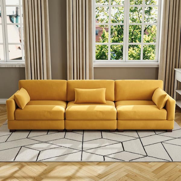 Uixe 123 in. Square Arm 3-piece Corduroy Upholstered 3-Seater Sectional Sofa in Orange