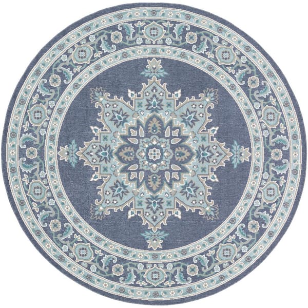Livabliss Felix Aqua 8 ft. 10 in. x 8 ft. 10 in. Round Medallion Indoor/Outdoor Patio Area Rug