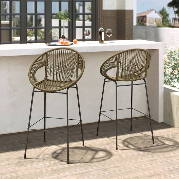 Dakota 28.5 in. Patio PE Rattan and Metal Outdoor Bar Stools, Green, (Set of 2)
