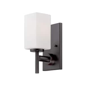 Dakota 4.5 in. 1-Light Biscayne Bronze Vintage Industrial Wall Sconce with Frosted White Glass Shade