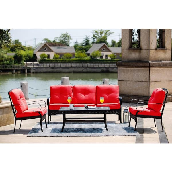 moda furnishings Dex 5-Piece Metal Outdoor Sectional Sofa Set with Red Cushions