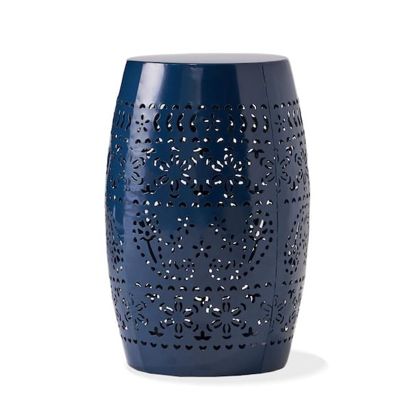 Unbranded Dark Blue Round Iron Outdoor Side Table Refined with a Lace Cut Design and Constructed of Powder-Coated Iron