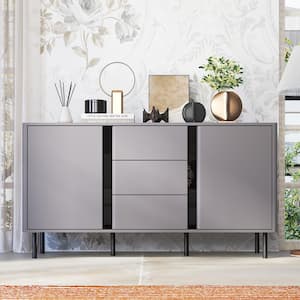 Grey Wood 55 in. W Sideboard Home Bar Credenza Cabinet with Shelves, Pop-up Design, Curved Edge, for Living Room