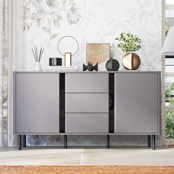 FUFU&GAGA Grey Wood 55 in. W Sideboard Home Bar Credenza Cabinet with Shelves, Pop-up Design, Curved Edge, for Living Room