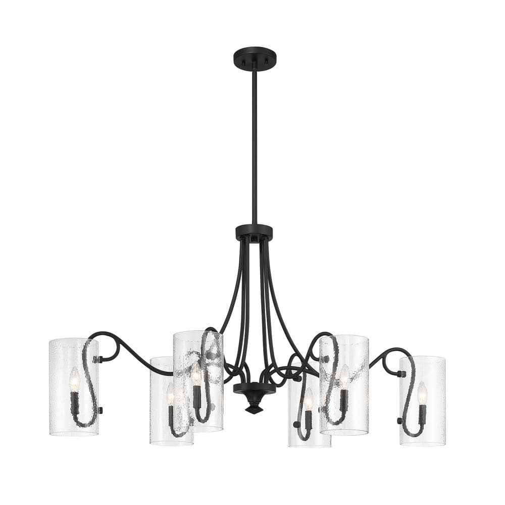 Matte Black 6-Light Chandelier with Clear Hammered Glass Shades