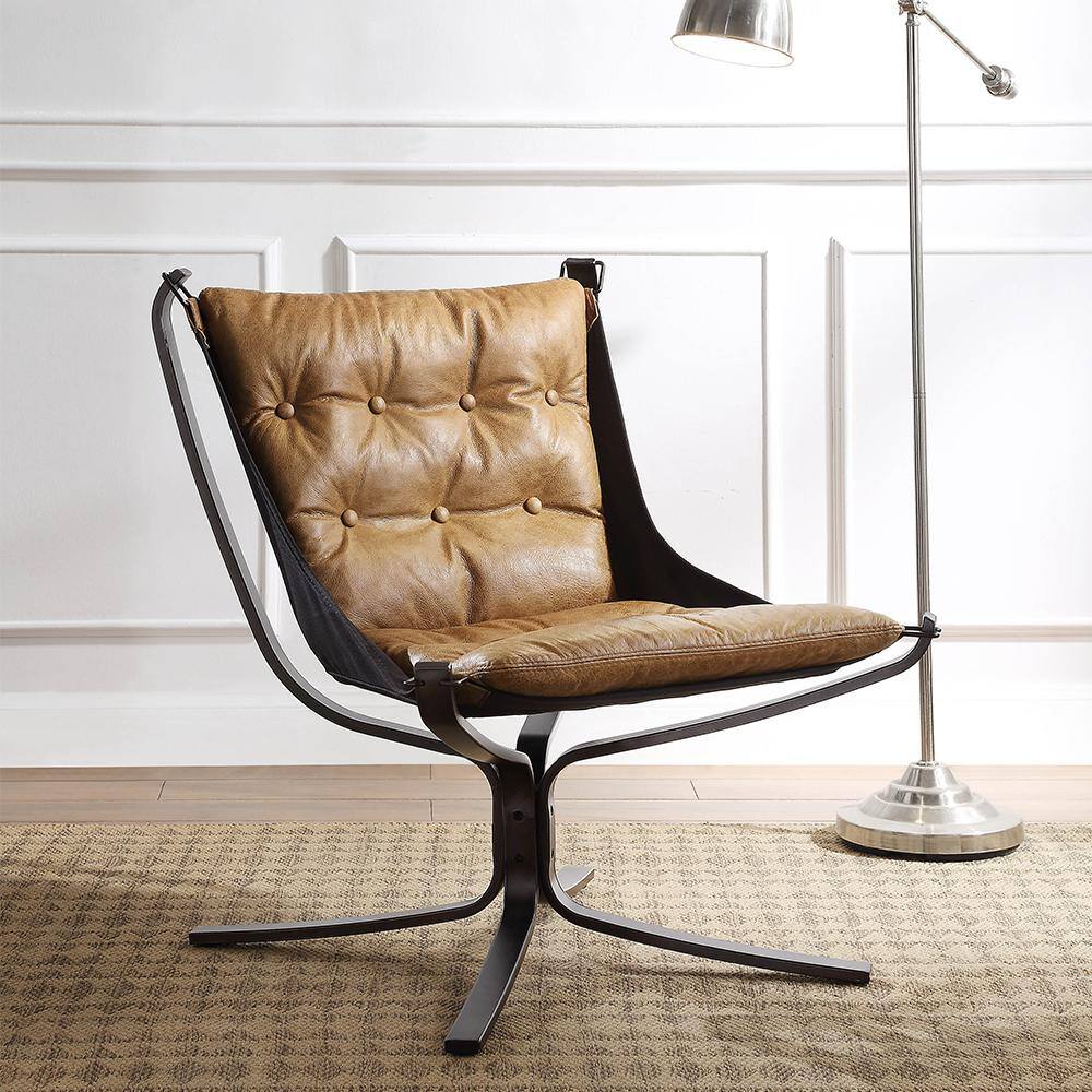 Vintage Coffee Top Grain Leather and Metal Accent Chair