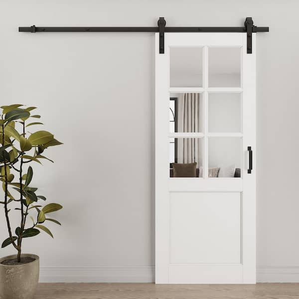 32 in. x 80 in. 6 Lite Tempered Clear Glass White Primed MDF Sliding Barn Door with Hardware Kit