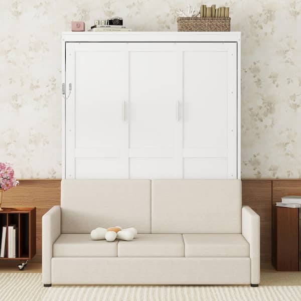 White Wood Frame Queen Size Murphy Bed with Cushion