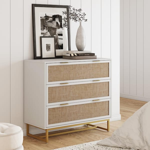 Nathan James Kova White Bohemian 3-Drawer Dresser with Rattan Accent and Metal Legs, 37 in. Chest of Drawers