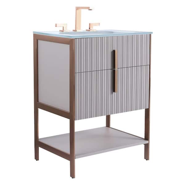 FINE FIXTURES 24 in. W x 18 in. D x 33.5 in. H Single Sink Bath Vanity in Bright Taupe with Glass Top in White with Gold Hardware