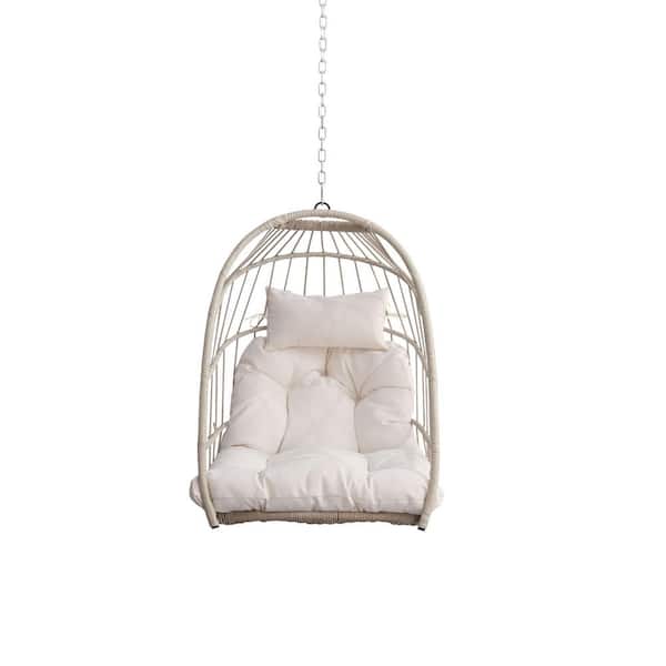28.34 in. 1-Person White Wicker Metal Patio Swing Outdoor Egg Hanging Chair with White Cushions