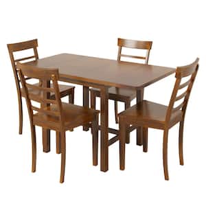 Brown 5-Piece Wood Rectangular Extendable Table Outdoor Dining Set with 4-Laddered Back Chairs