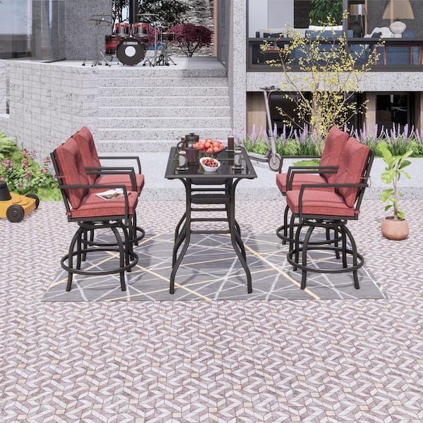 6-Piece Metal Outdoor Bistro Set with Red Cushions