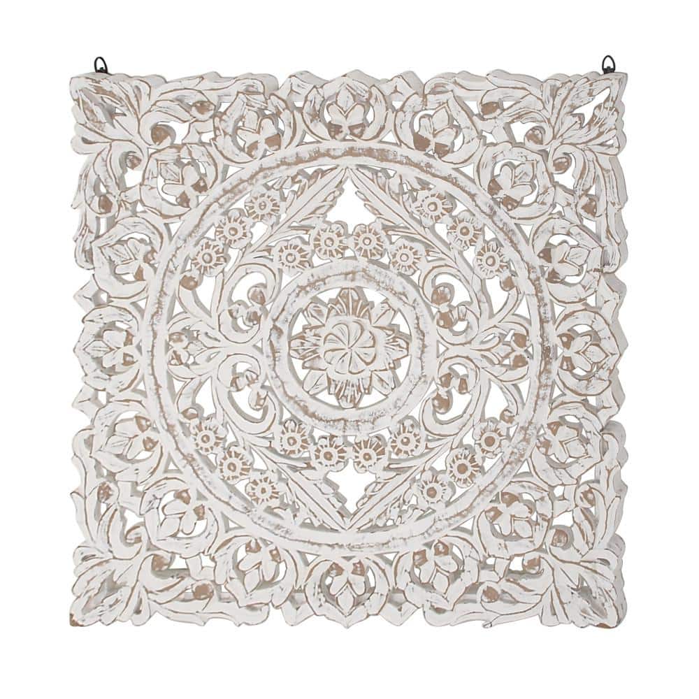 Whitewashed Wood Botanical Carved Wall Panel, 36" Square