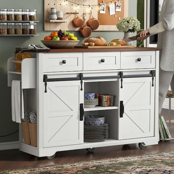 Farmhouse White Wood 53.7 in. Drop Leaf Kitchen Island Kitchen Carts with Spice Rack and 2-Sliding Barn Door