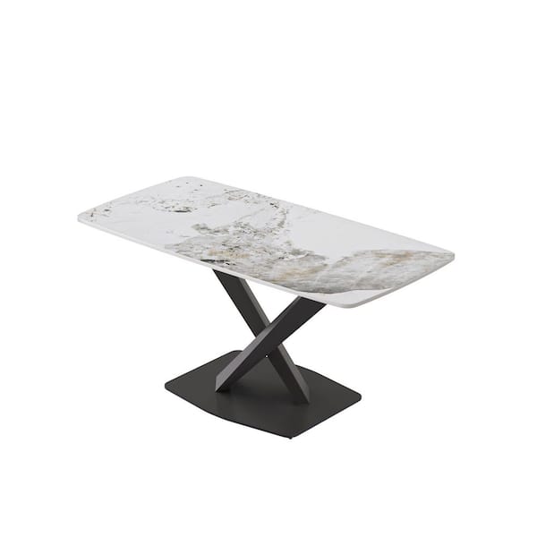 62.99 in. Pandora White Rectangle Sintered Stone Tabletop Dining Table with Pedestal Black Carbon Steel Base (Seats 6)