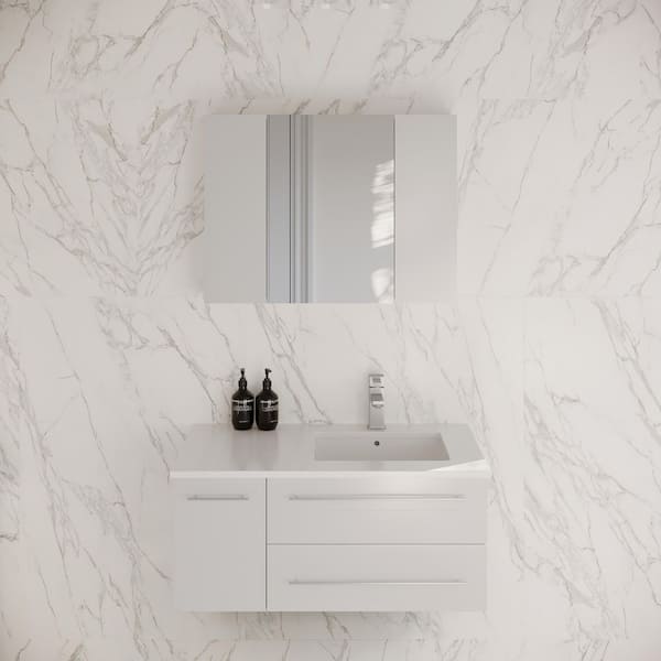 Lucera 36 in. Single Snk Wall Mount White Bath Vanity with White Quartz Top, Undermount Right Sink and Medicine Cabinet
