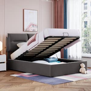 Gray Wood Frame Full Size Upholstered Platform Bed with a Hydraulic Storage System