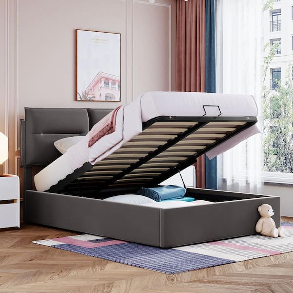 Harper & Bright Designs Gray Wood Frame Full Size Upholstered Platform Bed with a Hydraulic Storage System