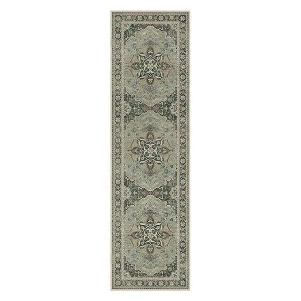 Samar Machine Washable Green 2 ft. x 7 ft. Medallion Indoor Area Rug