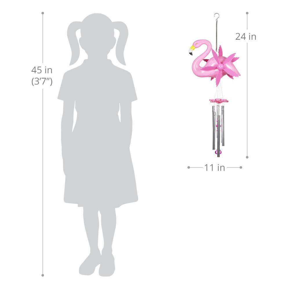 Large Pink Flamingo Wind Chime with Spinning Wings
