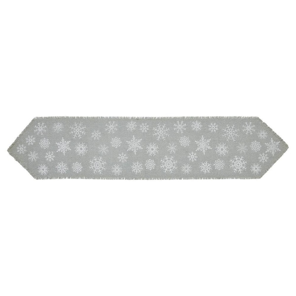 Yuletide 12 in. W x 60 in. L Dove Gray Silver Snowflake Cotton Burlap Table Runner