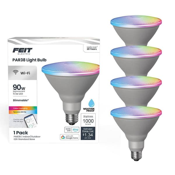 90-Watt Equivalent PAR38 Smart Wi-Fi Dimmable LED Light Bulb Works w/Alexa/Google Home, Multi-Color (4-Pack)
