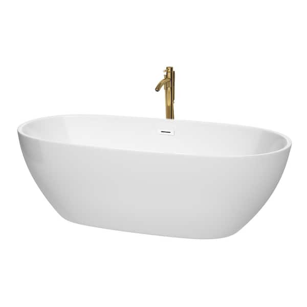 Wyndham Collection Juno 71 in. Acrylic Flatbottom Bathtub in White with Shiny White Trim and Brushed Gold Faucet