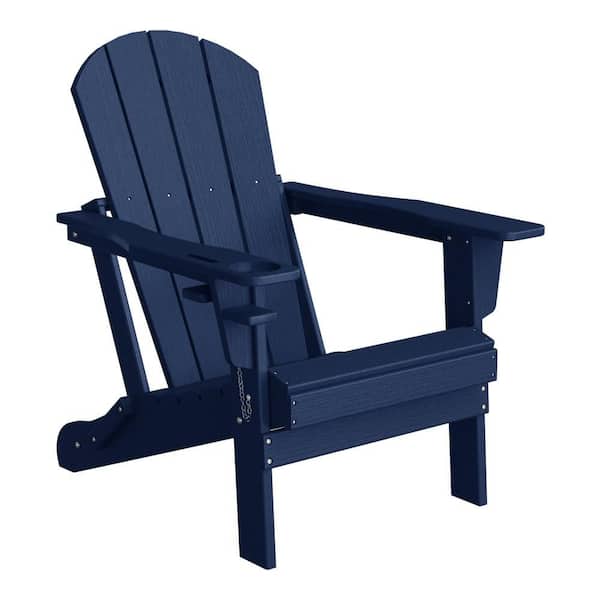 Alvaro Outdoor Patio Weather Proof HDPE Plastic Folding Adirondack Chair with Cup Holder, Navy Blue