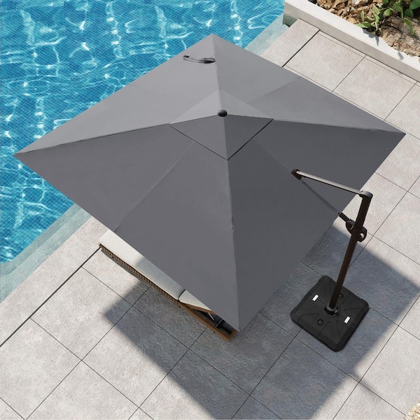 11 ft. Square Aluminum Large Outdoor 360° Rotation Cantilever Patio Umbrella in Dark Gray with Umbrella Base