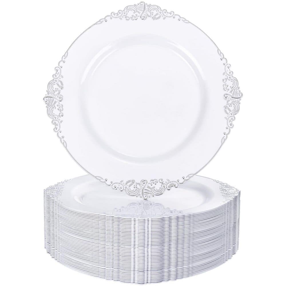 White and Silver Plastic Plates, 10.25 in Heavyweight Disposable Dinner Plates for Events Ideal price history on PriceWatchPro