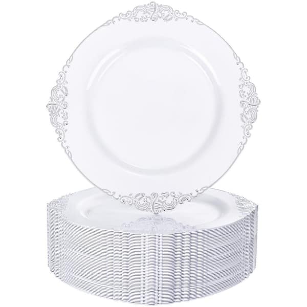 White and Silver Plastic Plates, 10.25 in Heavyweight Disposable Dinner Plates for Events Ideal